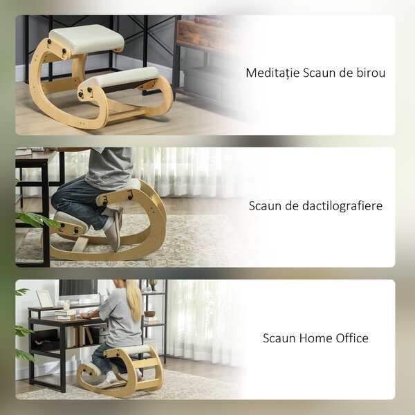 HOMCOM Scaun pentru genunchi reglabil în 6 poziții, din țesătură tip in și lemn de mesteacăn, 55x85x55 cm, crem | Aosom Romania