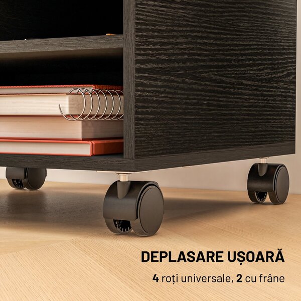 HOMCOM Cabinet pentru Imprimantă cu 2 Rafturi, Birou din Lemn și Cabinet de studiu cu Roți, 47x40x22.5 cm, Negru | Aosom Romania
