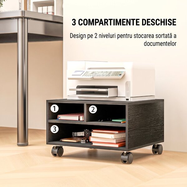 HOMCOM Cabinet pentru Imprimantă cu 2 Rafturi, Birou din Lemn și Cabinet de studiu cu Roți, 47x40x22.5 cm, Negru | Aosom Romania