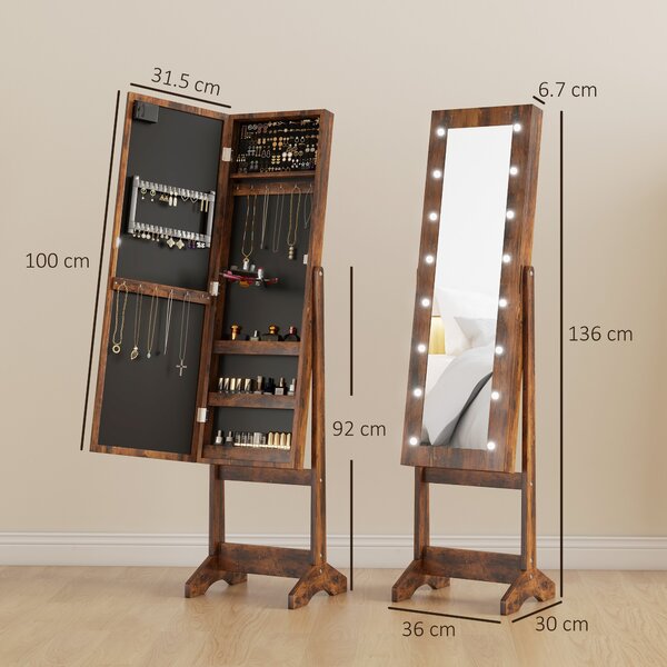 HOMCOM Dulap pentru Bijuterii cu Oglindă Reglabilă și Lumini LED 36x30x136 cm Maro Rustic | Aosom Romania
