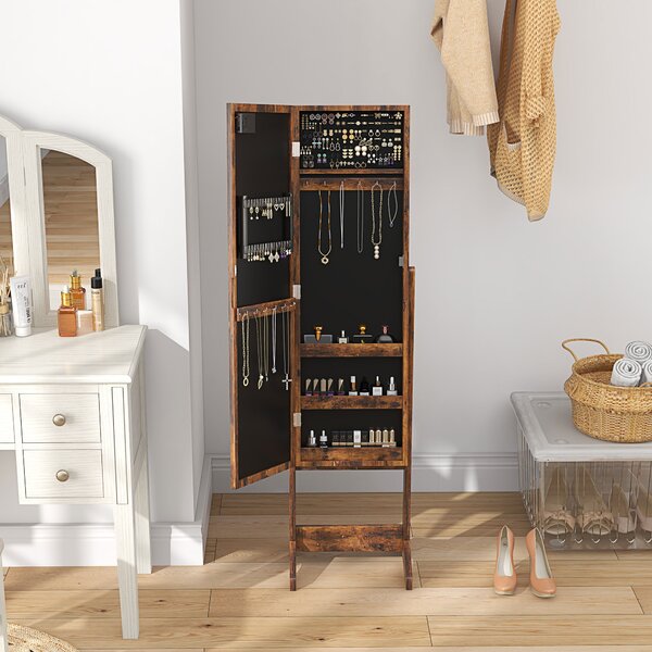 HOMCOM Dulap pentru Bijuterii cu Oglindă Reglabilă și Lumini LED 36x30x136 cm Maro Rustic | Aosom Romania