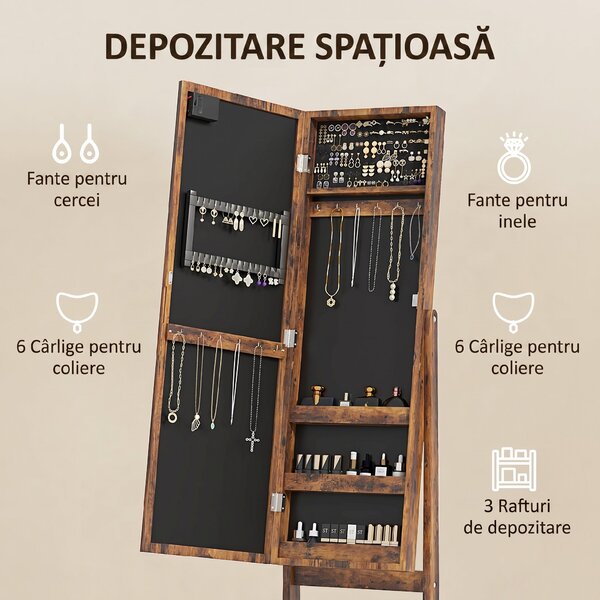 HOMCOM Dulap pentru Bijuterii cu Oglindă Reglabilă și Lumini LED 36x30x136 cm Maro Rustic | Aosom Romania