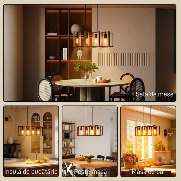 HOMCOM Candelabru Suspendat Rustic cu 4 Cadre Rotative și Lanț Regulabil, 80x21x90-130 cm, Negru și Nuc | Aosom Romania
