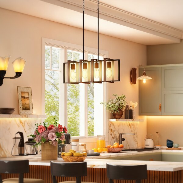 HOMCOM Candelabru Suspendat Rustic cu 4 Cadre Rotative și Lanț Regulabil, 80x21x90-130 cm, Negru și Nuc | Aosom Romania