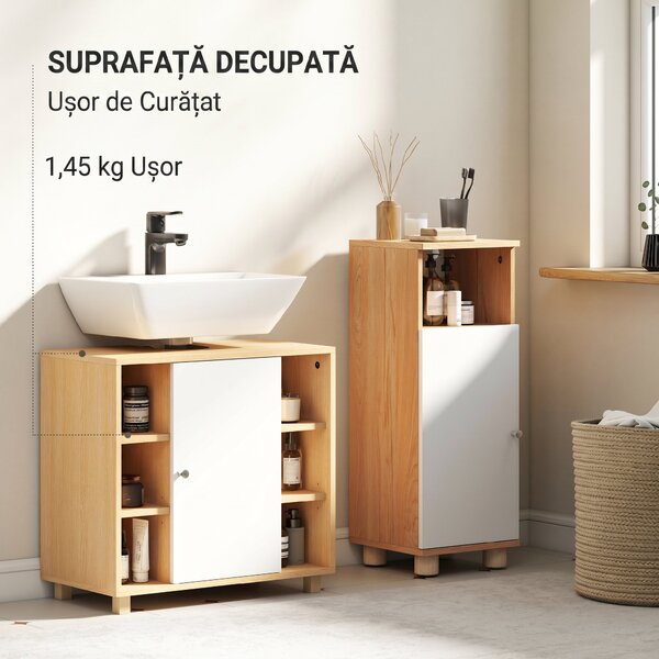 HOMCOM Dulap Sub Chiuvetă cu 2 Uși cu Închidere Lentă și 6 Rafturi Lemn natural | Aosom Romania