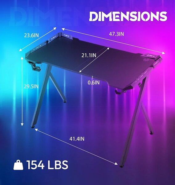 DOWINX Birou de Gaming RGB cu Iluminare Multicoloră și Design din Fibră de Carbon, Telecomanda, Mouse pad impermeabil, 120 cm, Negru