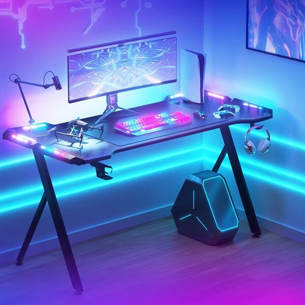 DOWINX Birou de Gaming RGB cu Iluminare Multicoloră și Design din Fibră de Carbon, Telecomanda, Mouse pad impermeabil, 120 cm, Negru