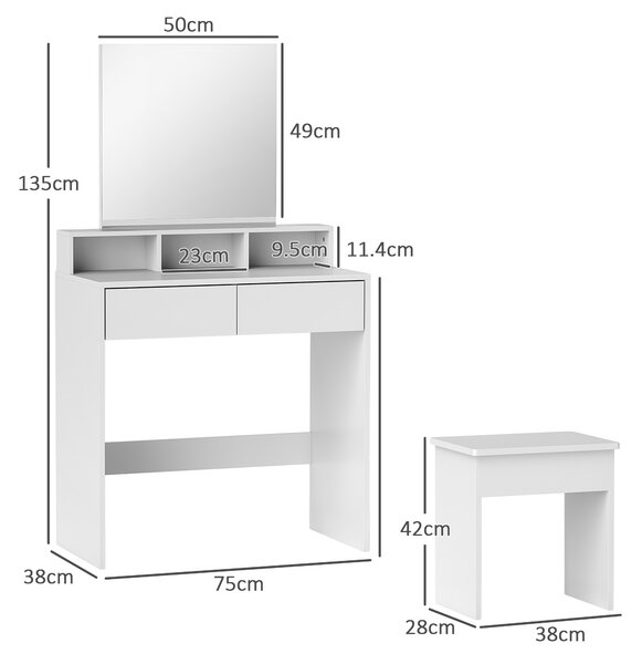 HOMCOM Masă de Toaletă cu Taburet, Masă de Machiaj cu Oglindă, 3 Rafturi, 2 Sertare, din Lemn, 75x38x135 cm, Alb | Aosom Romania