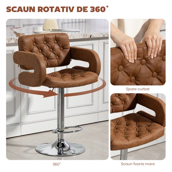 HOMCOM Taburet de Bar cu Înălțime Reglabilă, Scaun Înalt din PU cu Spătar, Suport pentru Picioare, Cotiere și Șezut Moale, Structură din Oțel, Rotativ la 360°, pentru Bucătărie, Maro | Aosom Romania