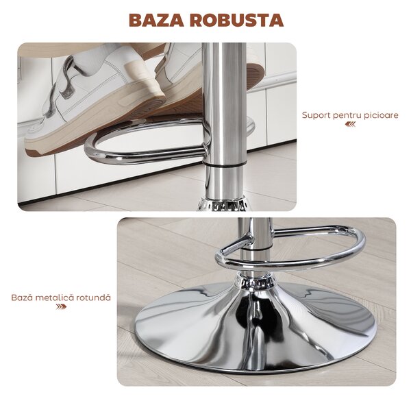 HOMCOM Taburet de Bar cu Înălțime Reglabilă, Scaun Înalt din PU cu Spătar, Suport pentru Picioare, Cotiere și Șezut Moale, Structură din Oțel, Rotativ la 360°, pentru Bucătărie, Maro | Aosom Romania