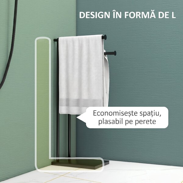 HOMCOM Suport Prosoape cu 2 Brațe, Suport Baie din Metal, 35,5x20x78 cm, Negru | Aosom Romania