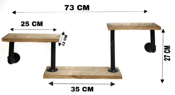 Raft cu 3 polite stil industrial din lemn-metal Homs 73 X 12 X 27 cm