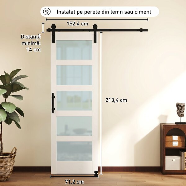 HOMCOM Ușă Culisantă Interior Rustică cu Șină Silențioasă, Kit Feronerie și Mâner, Alb | Aosom Romania