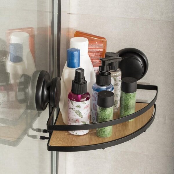 Erga Gavi, poliță colț 26,5x19 cm pentru ventuze, negru mat-maro natural, ERG-YKA-CH.GAVI-BN1