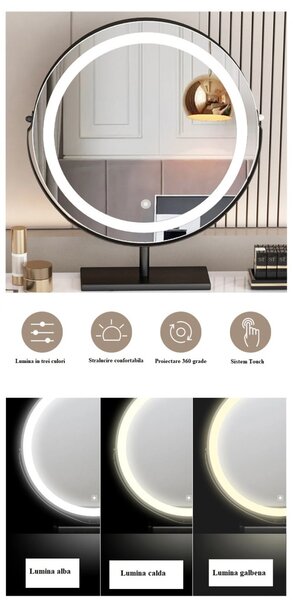 RESIGILAT- Set Margot, Masă de toaletă pentru machiaj cu oglindă iluminată LED, control touch, 6 sertare, comoda, scaun, Difuzor Bluetooth, zona încărcare fără fir, Gri, 80x40x75 cm