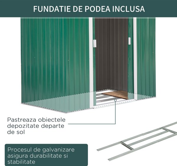Outsunny Magazie de Grădină pentru Unelte din Tablă de Oțel cu Uși Culisante, 213x130x185 cm, Verde | Aosom Romania