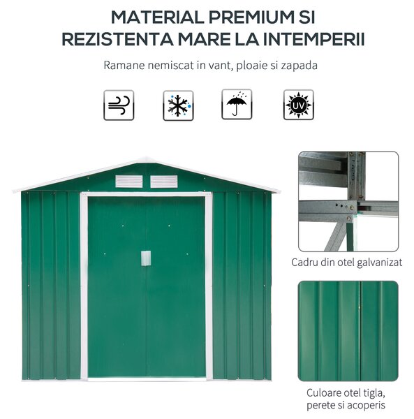 Outsunny Magazie de Grădină pentru Unelte din Tablă de Oțel cu Uși Culisante, 213x130x185 cm, Verde | Aosom Romania