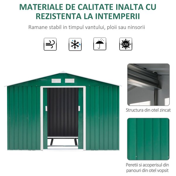 Casuta Pentru Unelte de Gradina Outsunny, Lamiera si Fier Verde 277x191x192cm | Aosom Romania