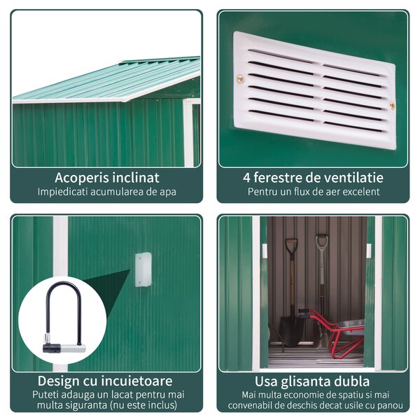 Outsunny Magazie de Grădină pentru Unelte din Tablă de Oțel cu Uși Culisante, 213x130x185 cm, Verde | Aosom Romania
