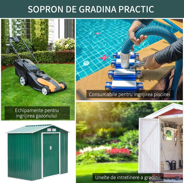 Outsunny Magazie de Grădină pentru Unelte din Tablă de Oțel cu Uși Culisante, 213x130x185 cm, Verde | Aosom Romania