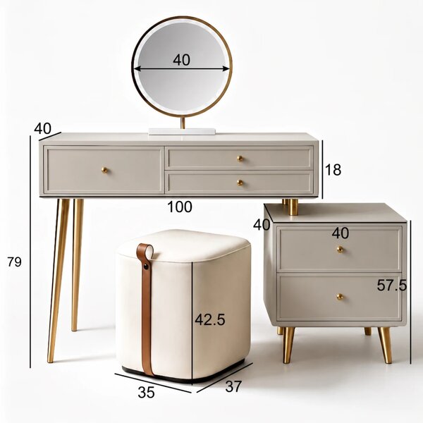 Set ROYAL GREY – Masă de Toaletă pentru Machiaj, Oglindă iluminată LED, Control touch, Trei tipuri culoare, Taburet, 100 cm, Gri