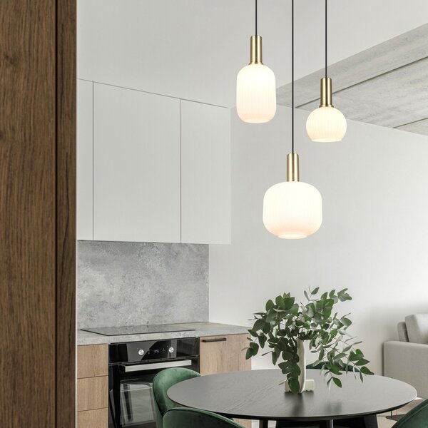 Trio Lighting Lampă suspendată Diva, 3 becuri, culoarea alamei, opal, sticlă, metal, reglabil, Alb, Camera de zi / sufragerie, Sticlă