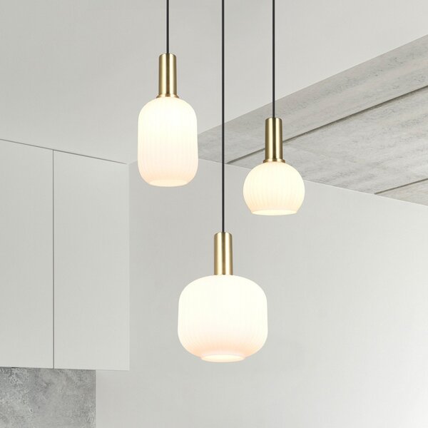 Trio Lighting Lampă suspendată Diva, 3 becuri, culoarea alamei, opal, sticlă, metal, reglabil, Alb, Camera de zi / sufragerie, Sticlă