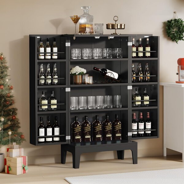 CBN201 - Comoda Bar, 59 cm, depozitare vin, bautura, condimente, dulap cu rafturi bucatarie, living, dining, multifunctional - Negru - Auriu