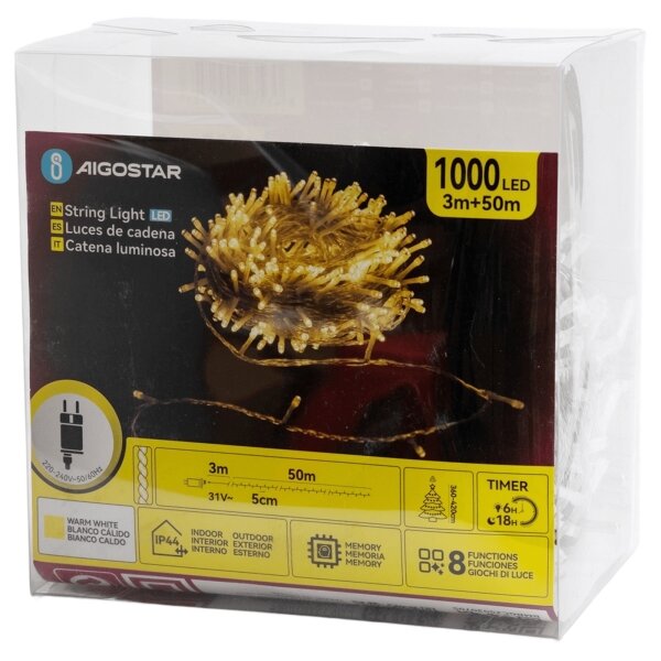 Aigostar - Ghirlandă LED de Crăciun pentru exterior, 1000 LED/6W/230V, 50 m, IP44, alb cald