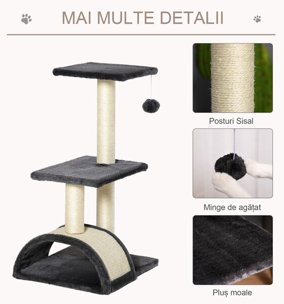 PawHut Copac pentru Pisici cu 3 Nivele cu Covor pentru Zgâriat în Formă de Arc, Copac de Zgâriat, 40x35x72 cm, Gri | Aosom Romania