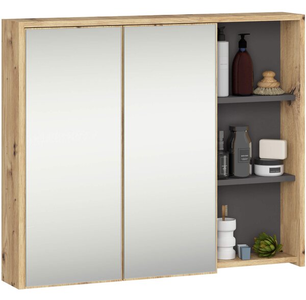 Dulap de baie Vambos W90 2D 3P LO (stejar artizanal + grafit) (cu oglindă). Promo -16%. 1152105