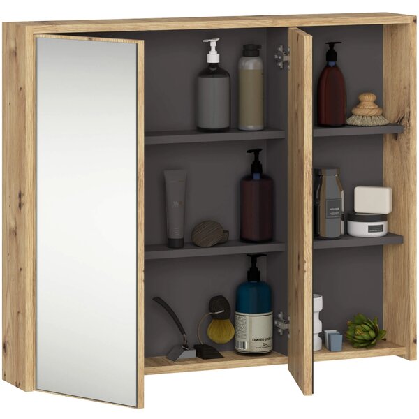 Dulap de baie Vambos W90 2D 3P LO (stejar artizanal + grafit) (cu oglindă). Promo -16%. 1152105