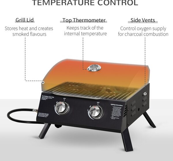 Gratar pe gaz cu 2 arzatoare Outsunny, portabil pliabil, termometru, otel carbon, Negru | Aosom Romania