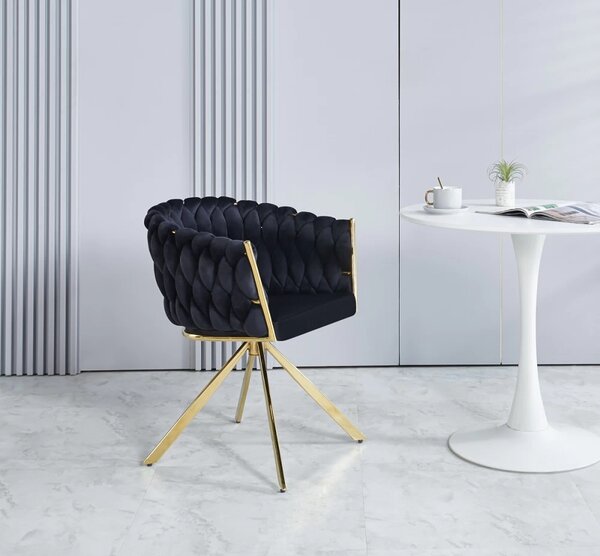 Scaun dining, cadru metalic auriu, tapiterie catifea, Negru