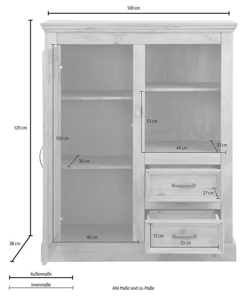 Vitrină ~Veneția~ in stil rustic, culoare gri-maro portocaliu, 100 cm lungime