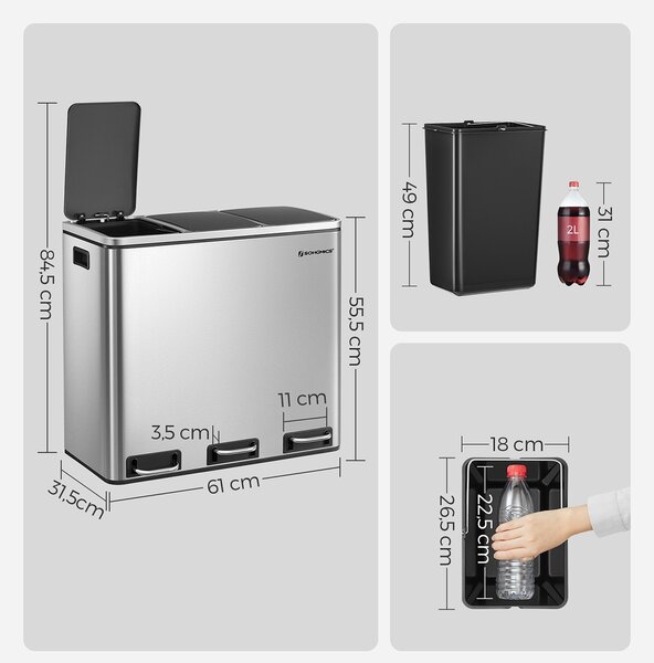 Coș pentru sortarea deșeurilor SORT 54l (3x18 l), argintie SongmicsHome