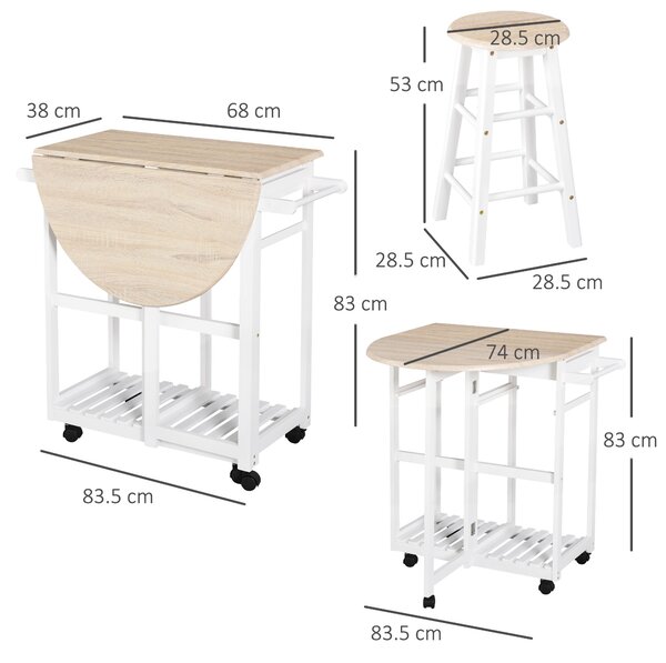 Masa pliabila cu 2 scaune si 4 roti, set masa cu 2 scaune 83,5x74x83cm alb si lemn HOMCOM | Aosom Romania