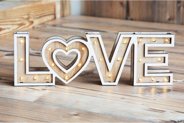 Decoratiune luminoasa LOVE, LED alb cald, 3V, 10 cm, lemn, de interior
