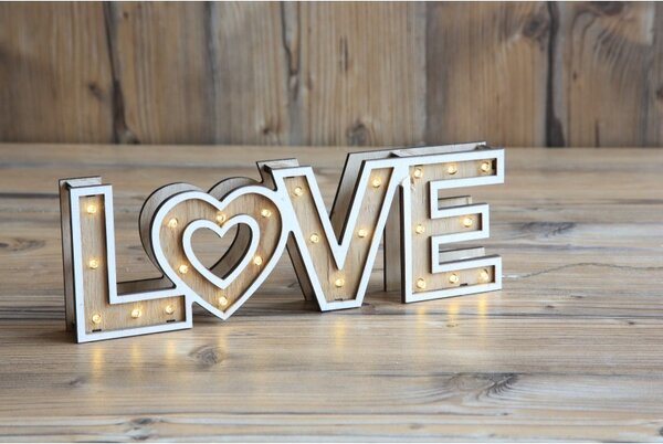Decoratiune luminoasa LOVE, LED alb cald, 3V, 10 cm, lemn, de interior