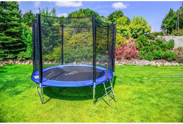 Trambulina cu plasa si scara acces, diametru 252 cm, maxim 120 kg, picioare duble in U, albastra