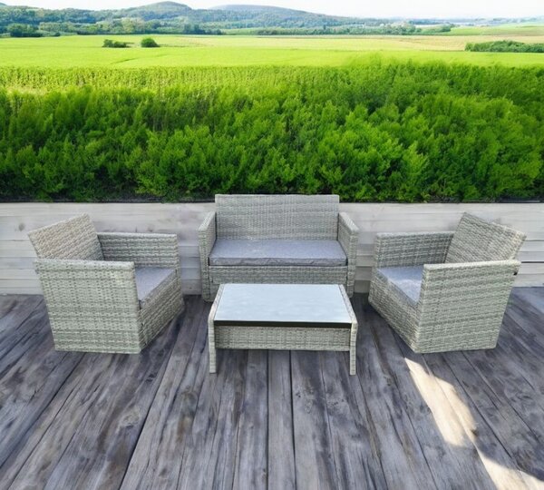 Set mobilier pentru gradina, 2 fotolii, masuta, canapea, ratan gri, perne incluse
