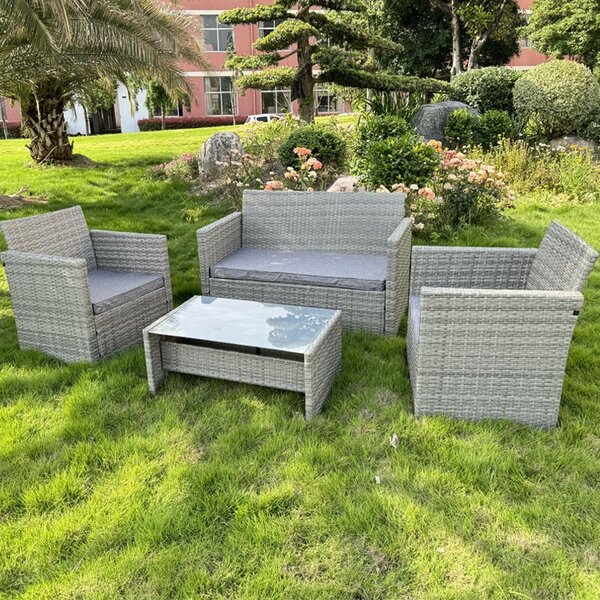 Set mobilier pentru gradina, 2 fotolii, masuta, canapea, ratan gri, perne incluse