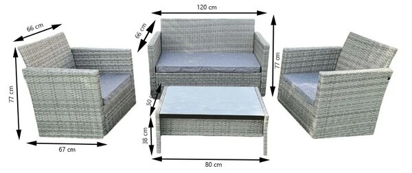 Set mobilier pentru gradina, 2 fotolii, masuta, canapea, ratan gri, perne incluse