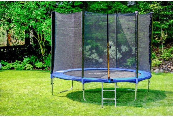 Trambulina cu plasa si scara acces, diametru 252 cm, maxim 120 kg, picioare duble in U, albastra