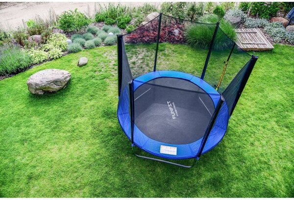 Trambulina cu plasa si scara acces, diametru 252 cm, maxim 120 kg, picioare duble in U, albastra