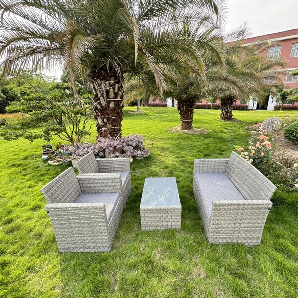 Set mobilier pentru gradina, 2 fotolii, masuta, canapea, ratan gri, perne incluse