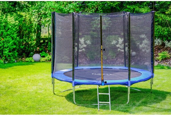 Trambulina cu plasa si scara acces, diametru 252 cm, maxim 120 kg, picioare duble in U, albastra