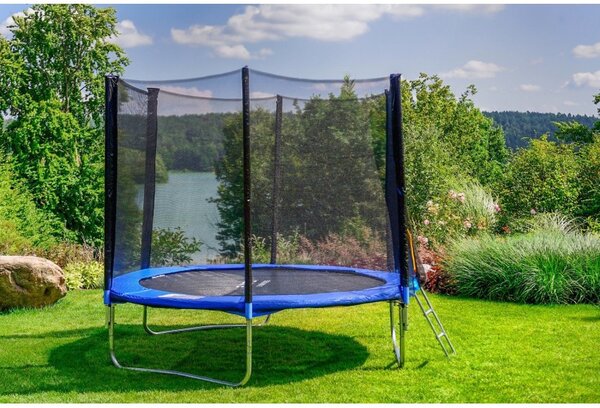 Trambulina cu plasa si scara acces, diametru 252 cm, maxim 120 kg, picioare duble in U, albastra