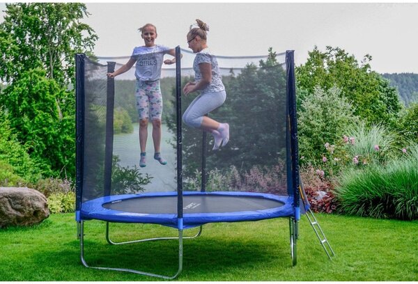 Trambulina cu plasa si scara acces, diametru 252 cm, maxim 120 kg, picioare duble in U, albastra
