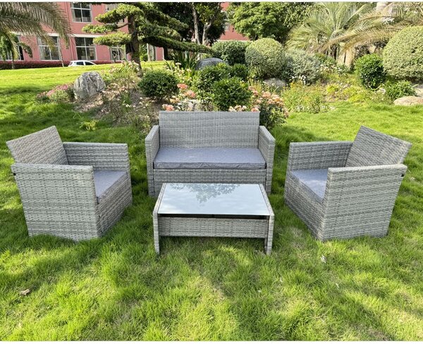 Set mobilier pentru gradina, 2 fotolii, masuta, canapea, ratan gri, perne incluse